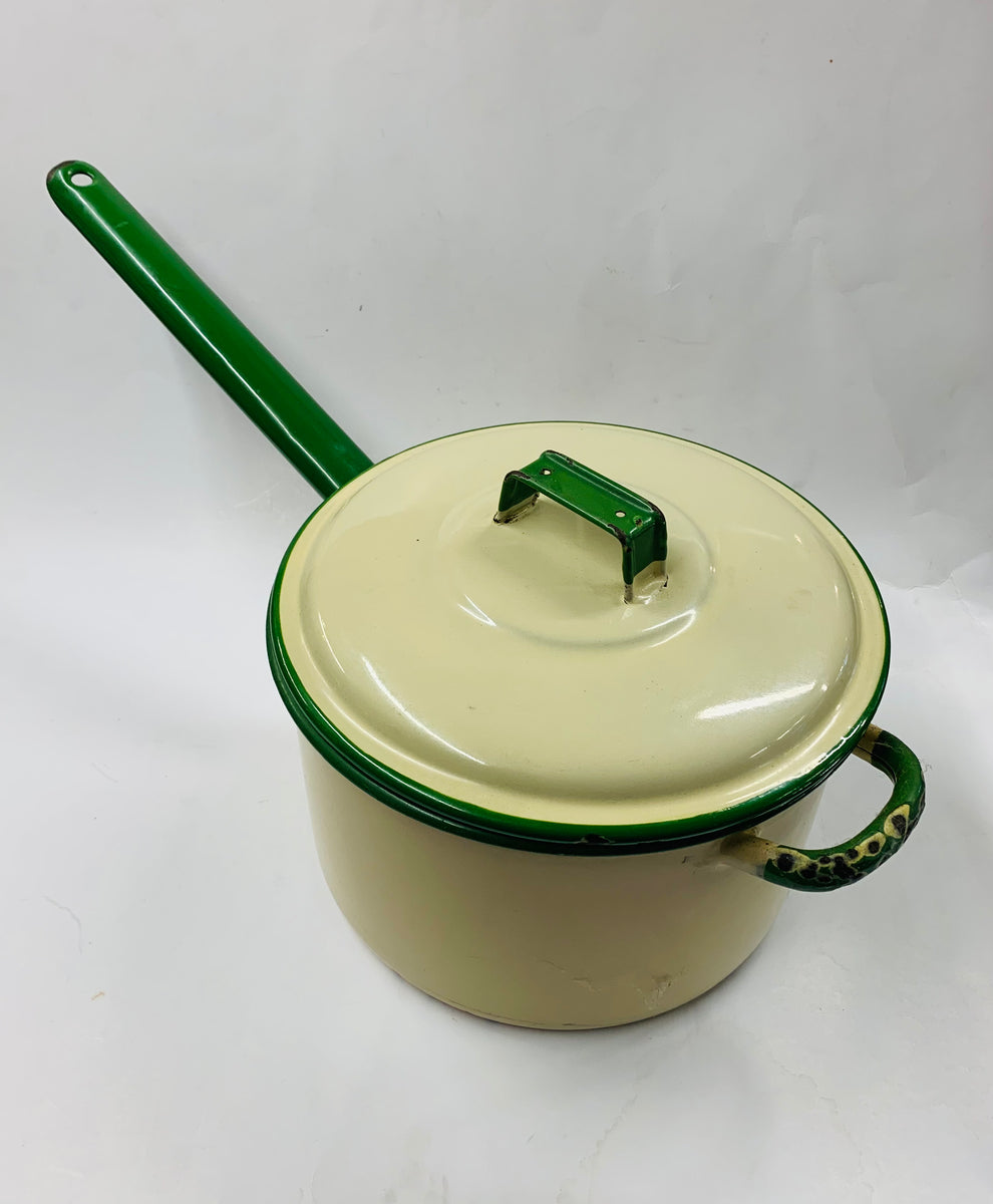 Large cream and green enamel pot – Antique Alley