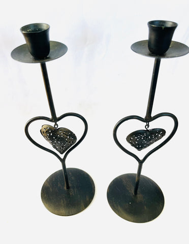 Pair of Metal Candle Sticks with Hearts