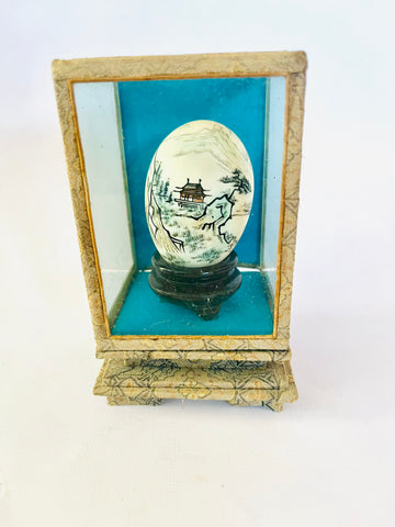 Chinese Designed Hand Painted Egg with Pagoda in a Glass Box