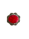 Oval Vintage Brooch with Filigree Edge and Pink Center