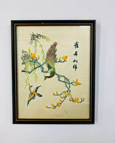 Vintage oriental silk embroidered bird picture