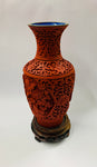 Oriental carved lacquer Cinnabar and blue enamel vase