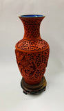 Oriental carved lacquer Cinnabar and blue enamel vase