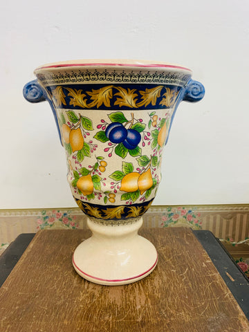 Vintage pottery vase with fruit designs