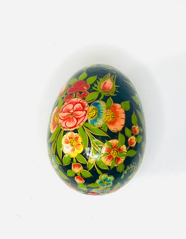 Decoupage Blue Egg with Blue Red Flowers Green Leaves