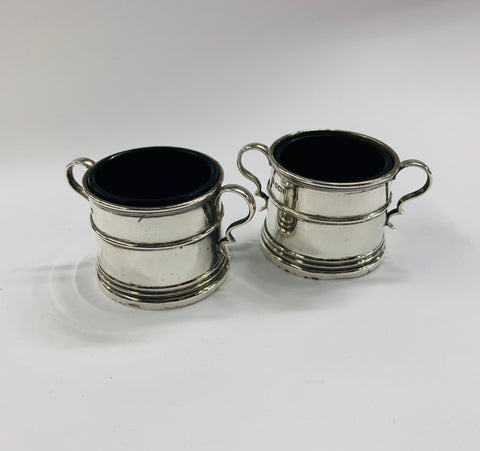 Pair of Sterling silver and cobalt blue glass salt pots