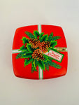 Square Christmas Tin with Seasons Greetings with Pine Cones