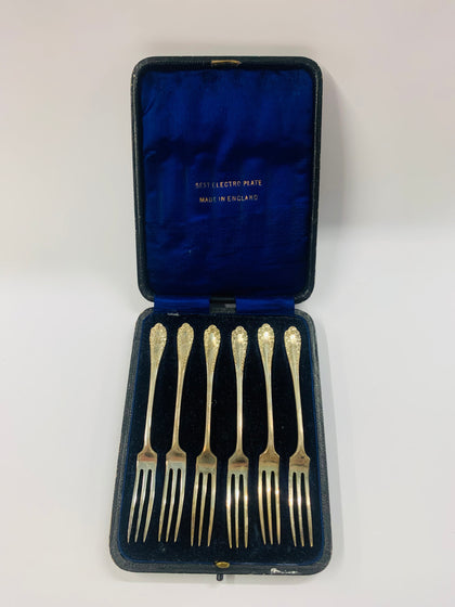 Set of 6 ornate silver plated cake forks