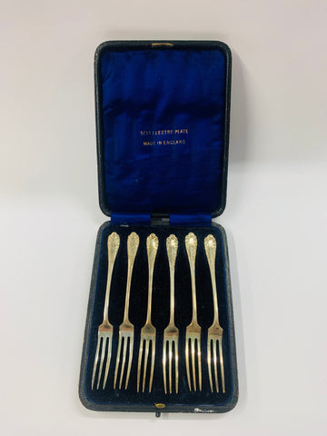 Set of 6 ornate silver plated cake forks