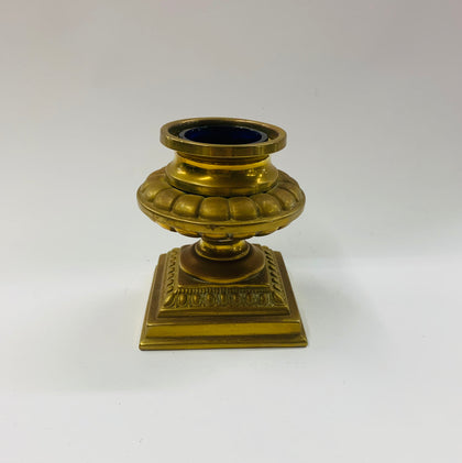 Antique brass inkwell with blue glass pot