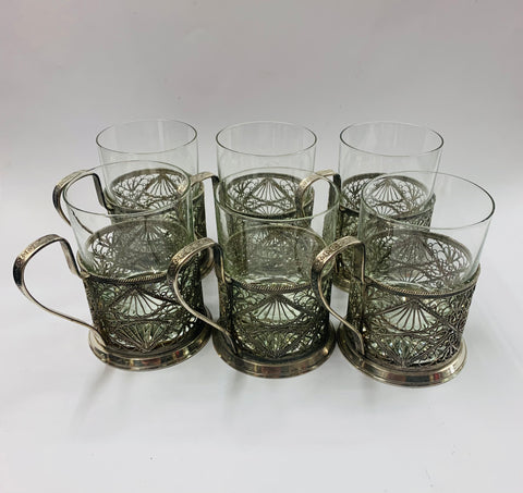 Set of 6 silver plated and glass coffee cups