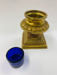 Antique brass inkwell with blue glass pot