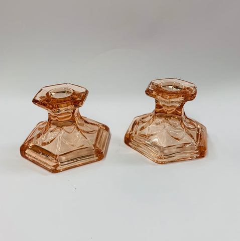 Pair of pink Depression glass candlesticks