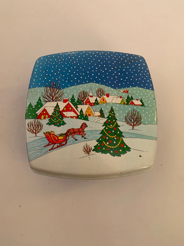 Square Christmas Tin with Sled Scene